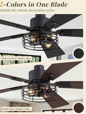 2 Pack Industrial Black Cage Ceiling Fan with Walnut-Finish Blades